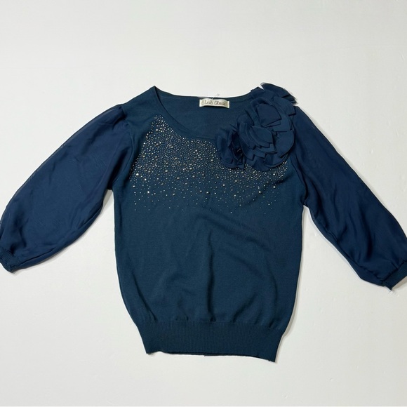Leib Olmai Sweaters - Vintage Leib Olmai Blue Studded Crew Neck Sweater with Bow Size Small
